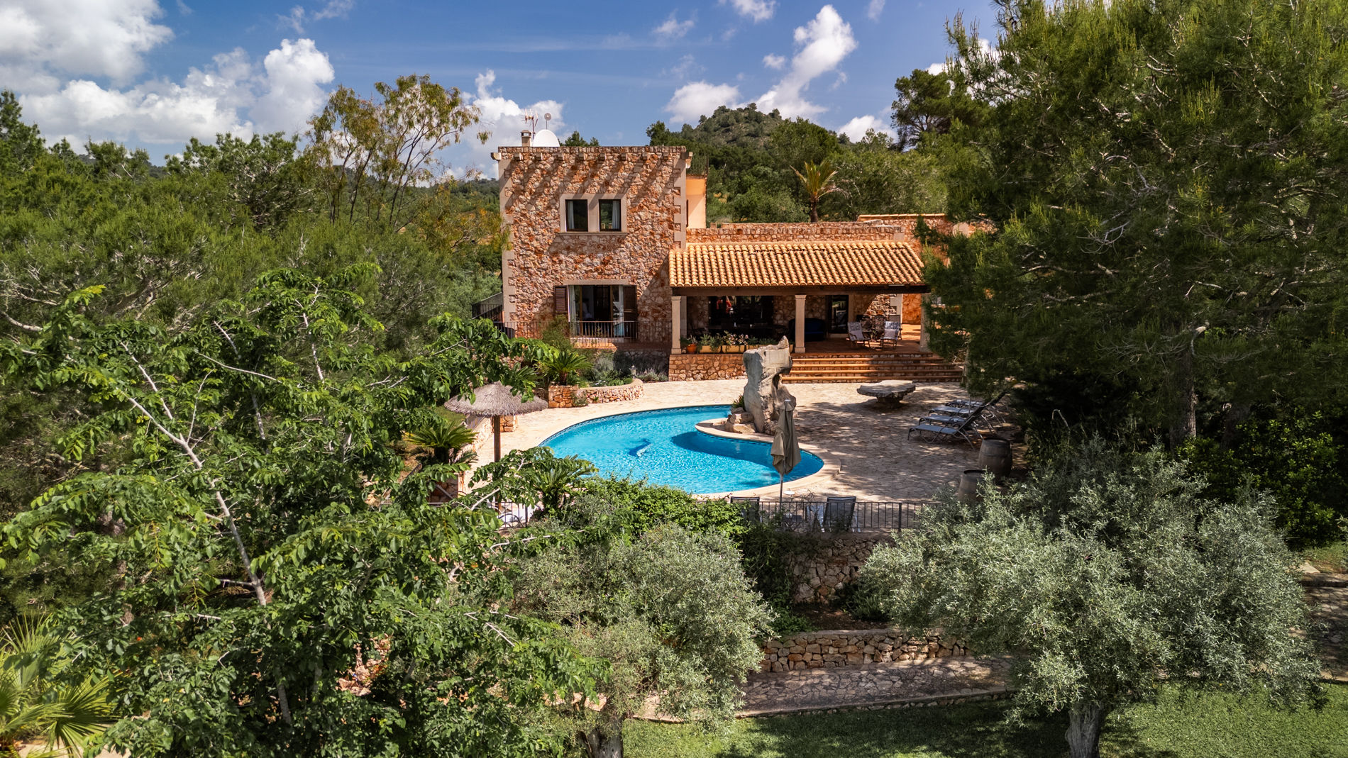 Pool und Terrasse der Finca eingebettet in Pinien und Olivenbäume